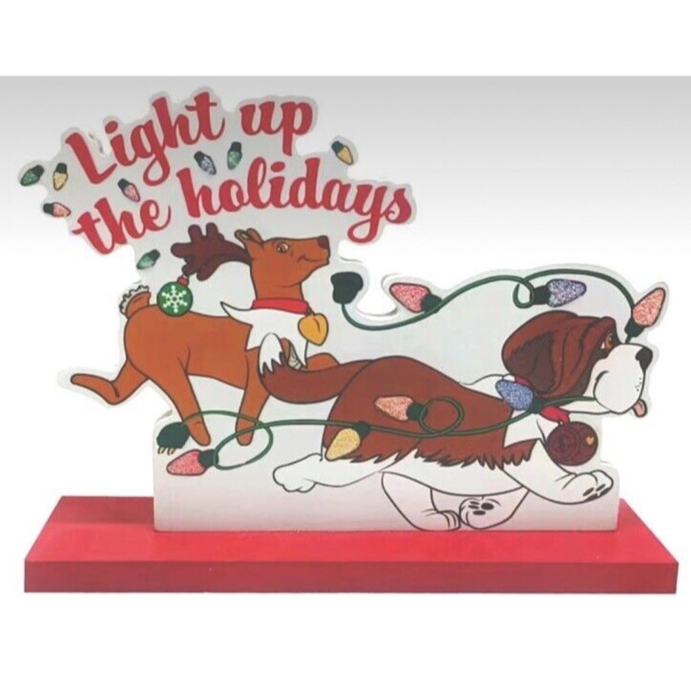 Elf On The Shelf Pets “Light up the Holidays”  St. Bernard + Reindeer wood sign - Picture 2 of 2